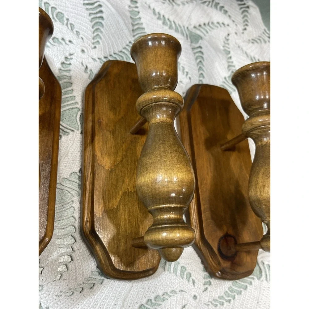 Vintage 70s Colonial Wood Wall Sconce Candle Holders Wooden Rustic Decor 3